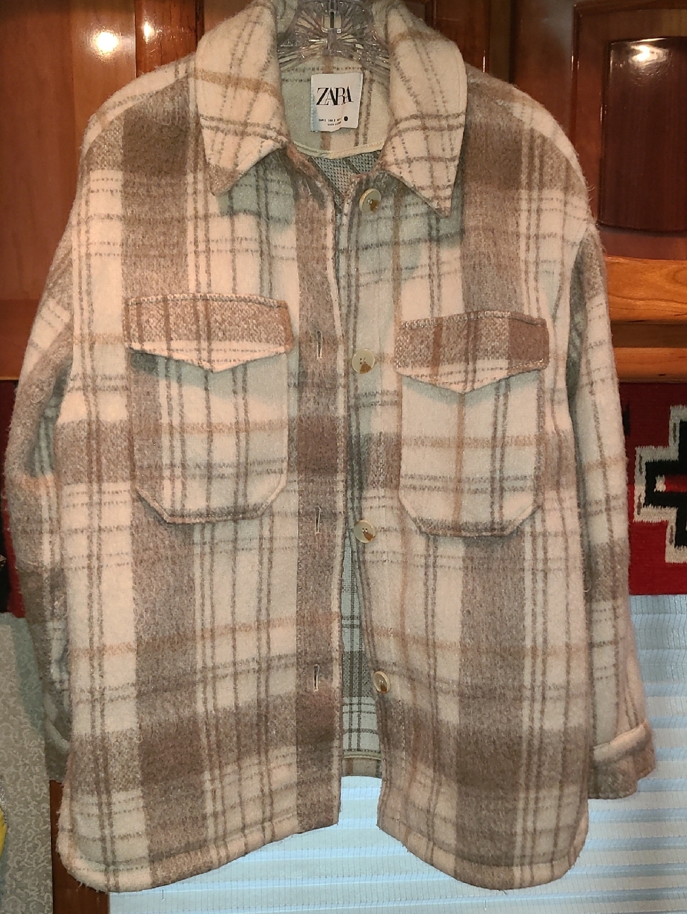 Zara Cream and Taupe Plaid Button Shirt Jacket